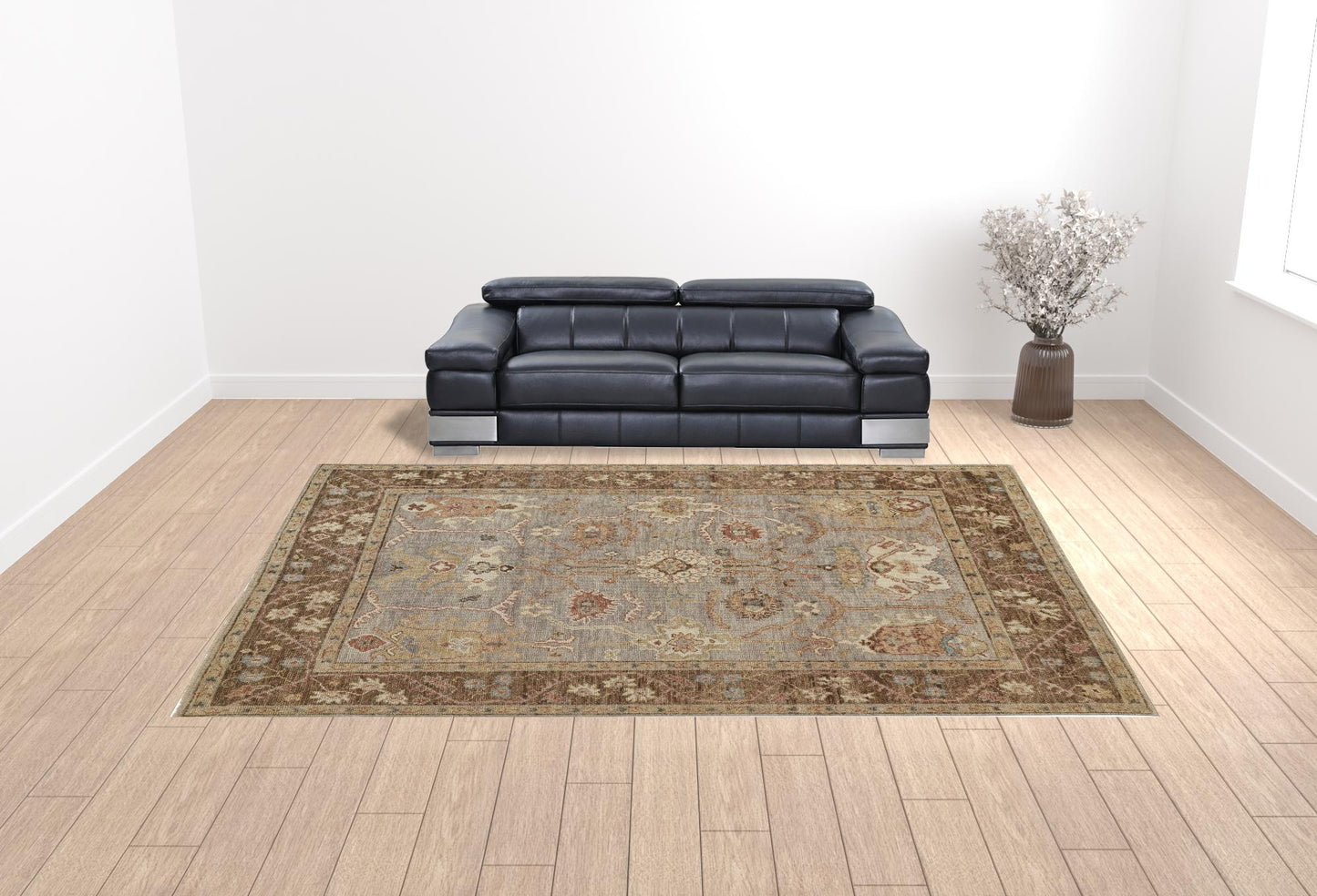 5' X 8' Gray Brown And Gold Wool Floral Hand Knotted Stain Resistant Area Rug With Fringe