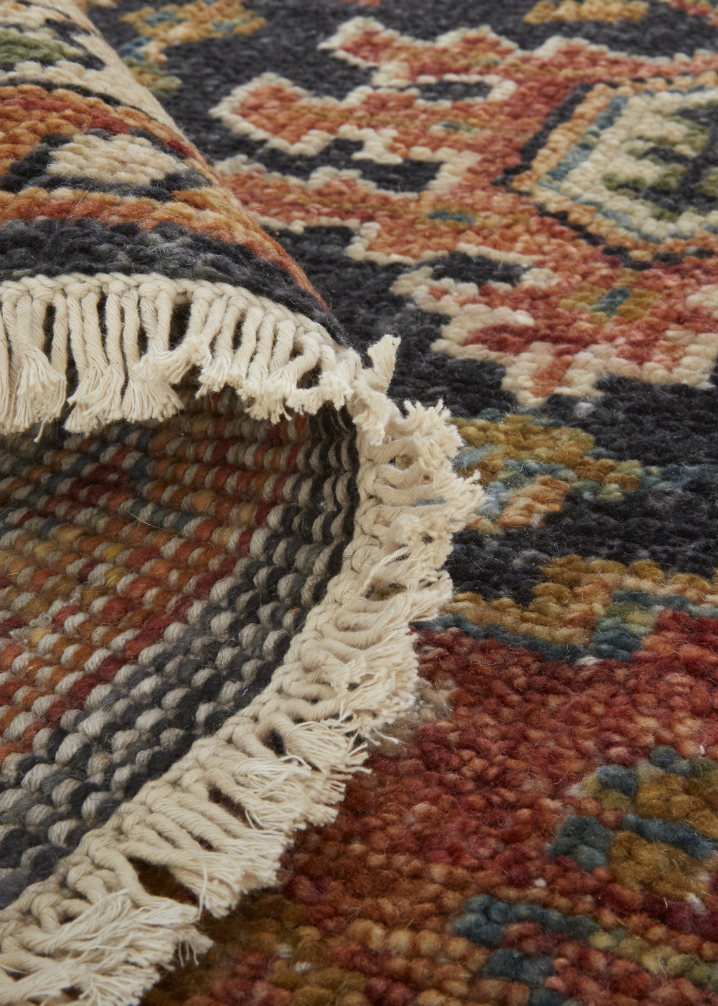 4' X 6' Red Black And Ivory Wool Floral Hand Knotted Stain Resistant Area Rug