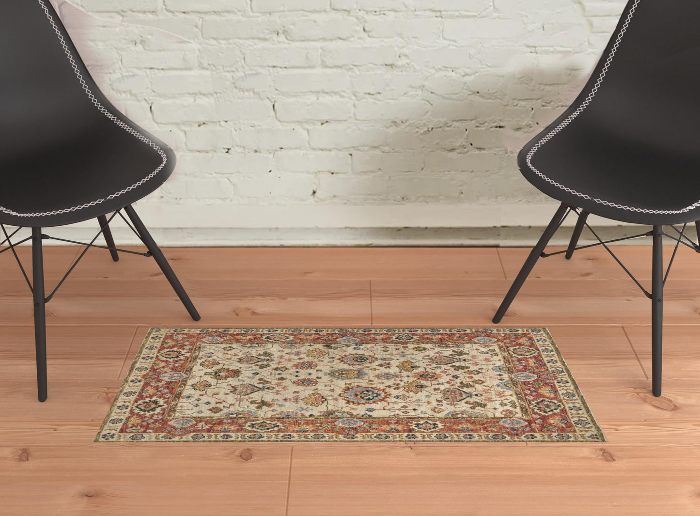 4' X 6' Ivory Red And Blue Wool Floral Hand Knotted Stain Resistant Area Rug