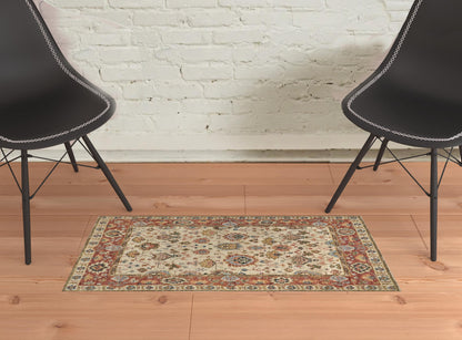 4' X 6' Ivory Red And Blue Wool Floral Hand Knotted Stain Resistant Area Rug