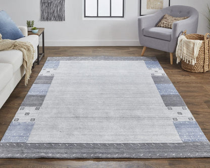 4' X 6' Gray Blue And Black Wool Hand Knotted Stain Resistant Area Rug