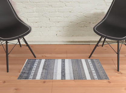 4' X 6' Gray Silver And Black Wool Striped Hand Knotted Stain Resistant Area Rug