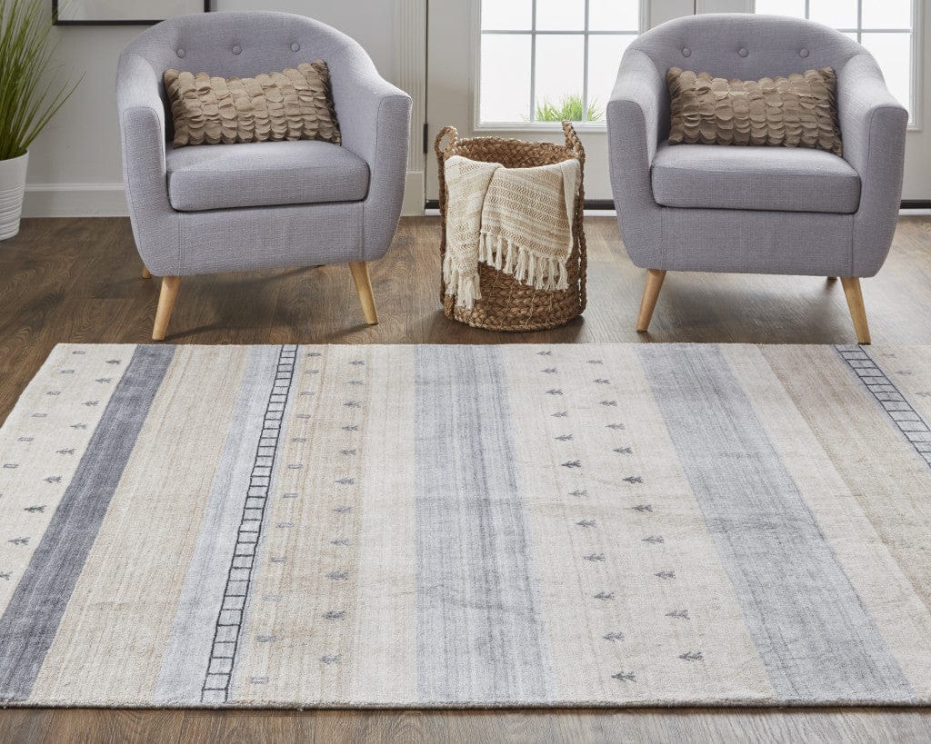 4' X 6' Ivory Tan And Gray Wool Striped Hand Knotted Stain Resistant Area Rug