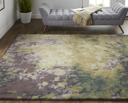 4' X 6' Gold Purple And Green Wool Abstract Tufted Handmade Stain Resistant Area Rug