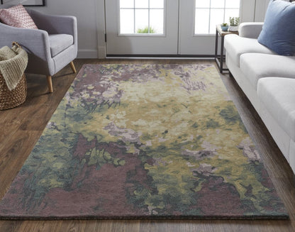 4' X 6' Gold Purple And Green Wool Abstract Tufted Handmade Stain Resistant Area Rug