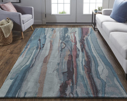 4' X 6' Blue Red And Ivory Wool Abstract Tufted Handmade Stain Resistant Area Rug