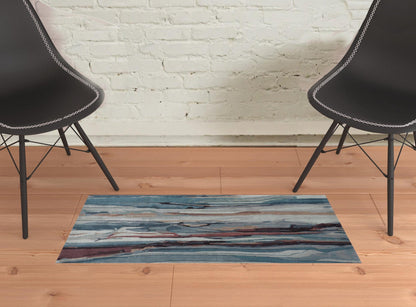 4' X 6' Blue Red And Ivory Wool Abstract Tufted Handmade Stain Resistant Area Rug