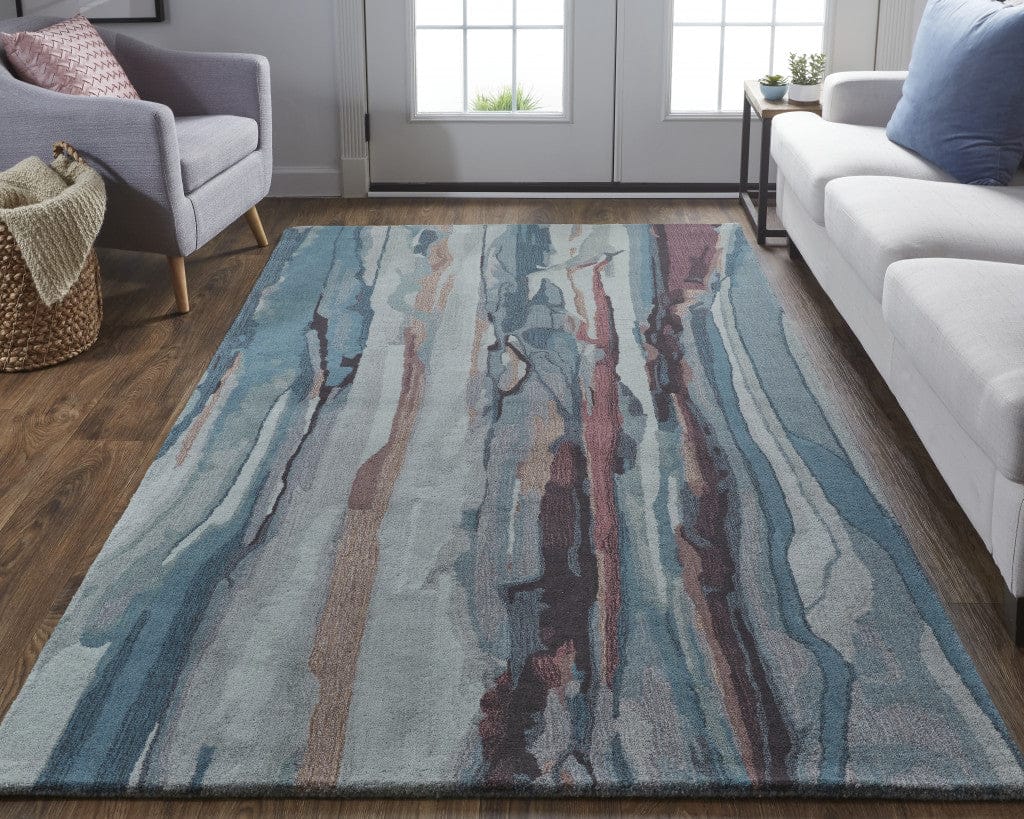 4' X 6' Blue Red And Ivory Wool Abstract Tufted Handmade Stain Resistant Area Rug