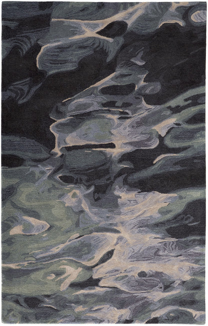 4' X 6' Green Blue And Black Wool Abstract Tufted Handmade Stain Resistant Area Rug