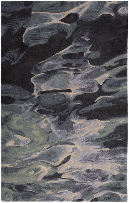 4' X 6' Green Blue And Black Wool Abstract Tufted Handmade Stain Resistant Area Rug