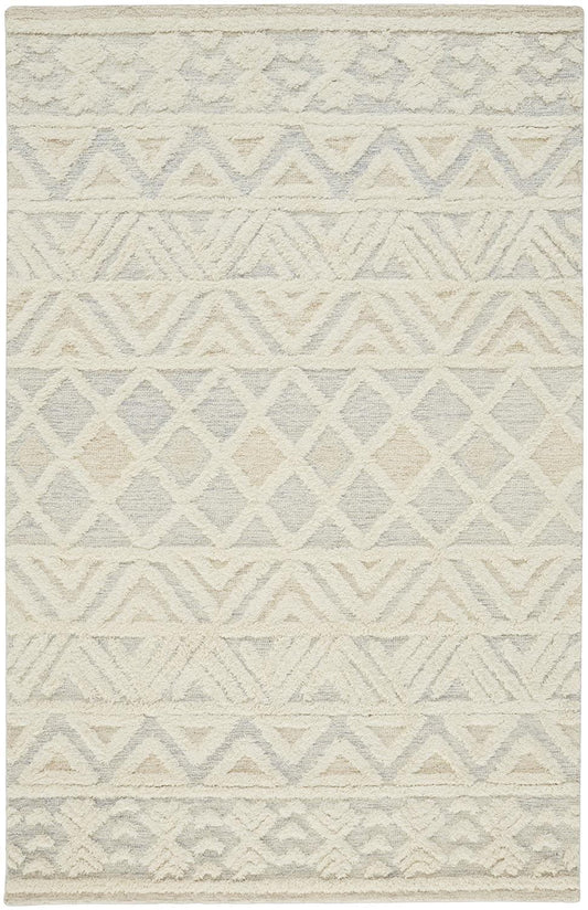 4' X 6' Ivory Blue And Tan Wool Geometric Tufted Handmade Stain Resistant Area Rug