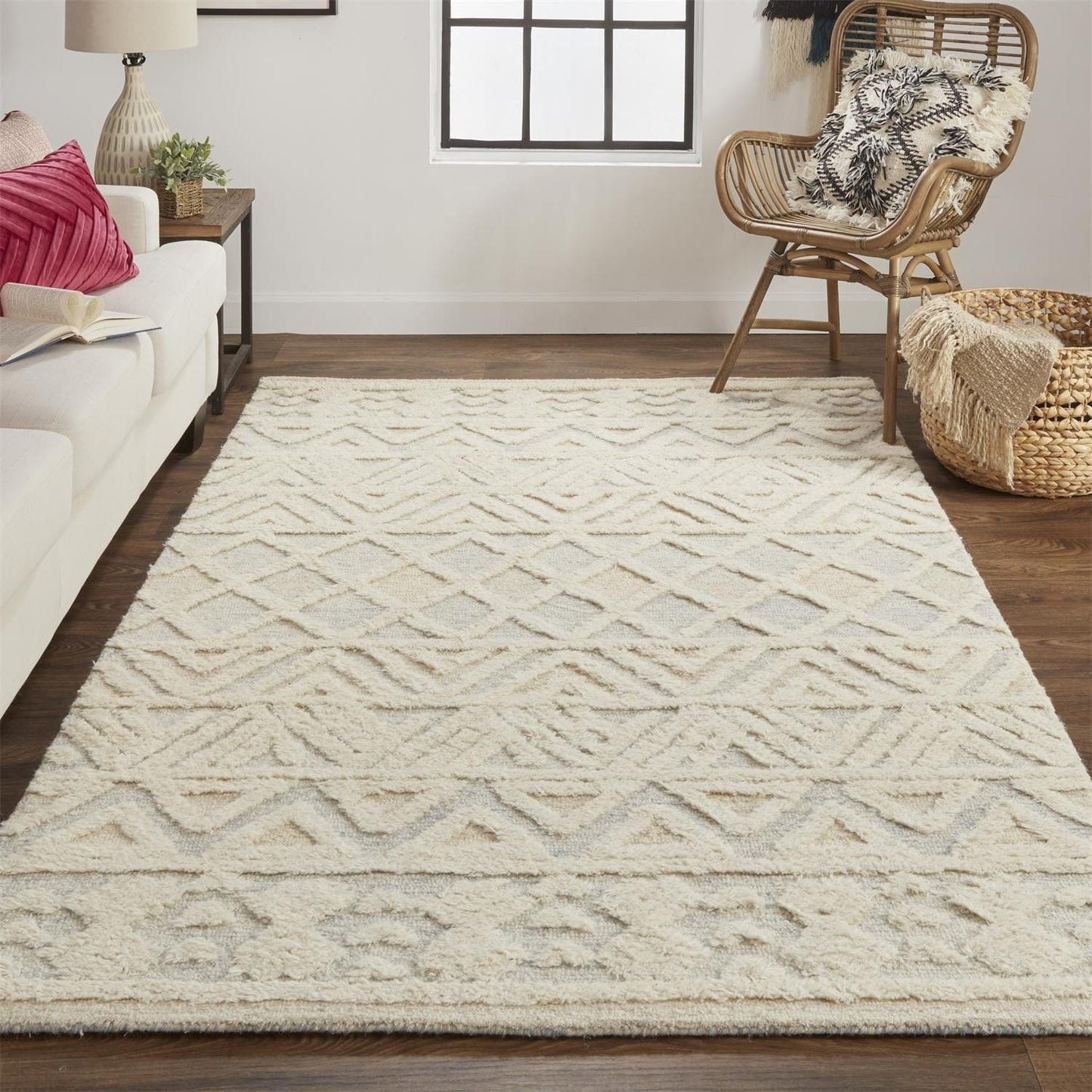 4' X 6' Ivory Blue And Tan Wool Geometric Tufted Handmade Stain Resistant Area Rug