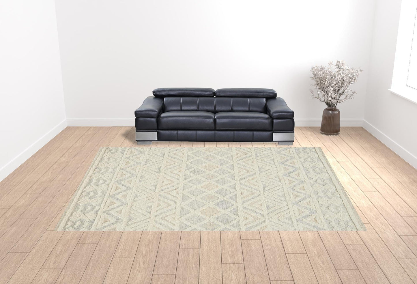 4' X 6' Ivory Blue And Tan Wool Geometric Tufted Handmade Stain Resistant Area Rug