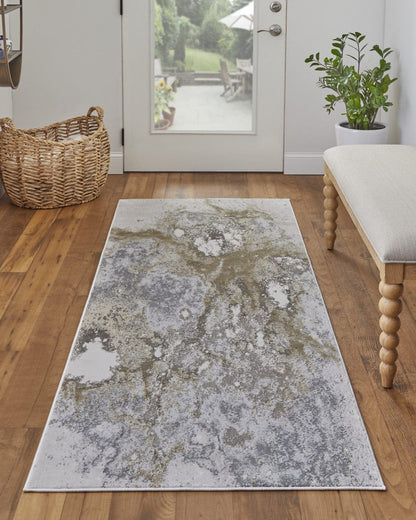 8' Gray And Ivory Abstract Power Loom Runner Rug