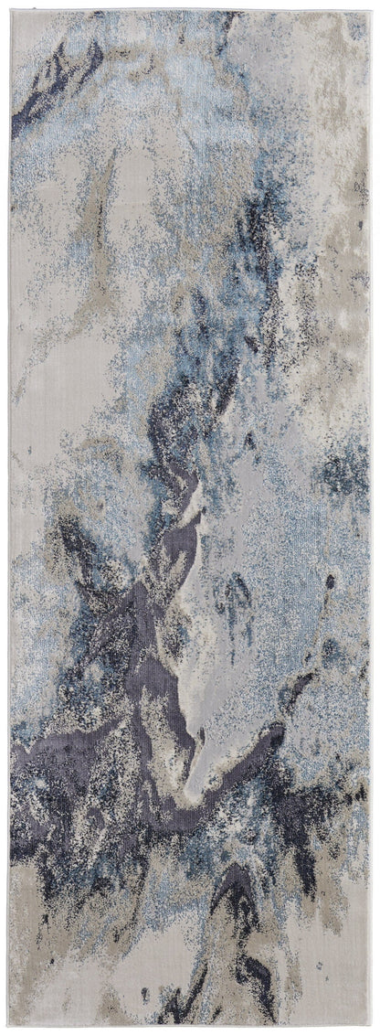 8' Blue Gray And Ivory Abstract Power Loom Runner Rug