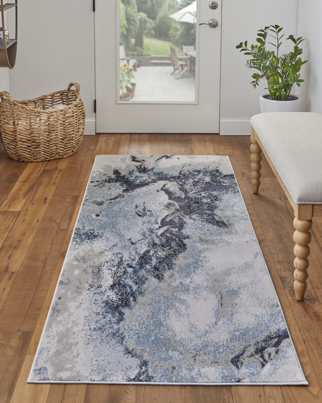 8' Blue Gray And Ivory Abstract Power Loom Runner Rug