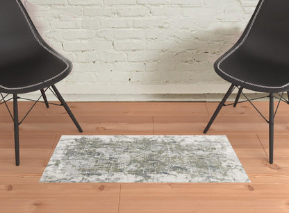 3' X 5' Green Gray And Ivory Abstract Distressed Stain Resistant Area Rug