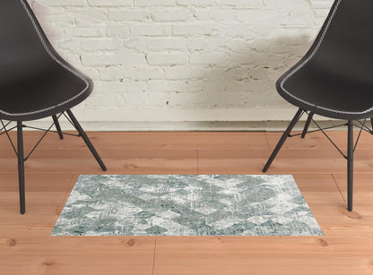 3' X 5' Green And Ivory Patchwork Distressed Stain Resistant Area Rug