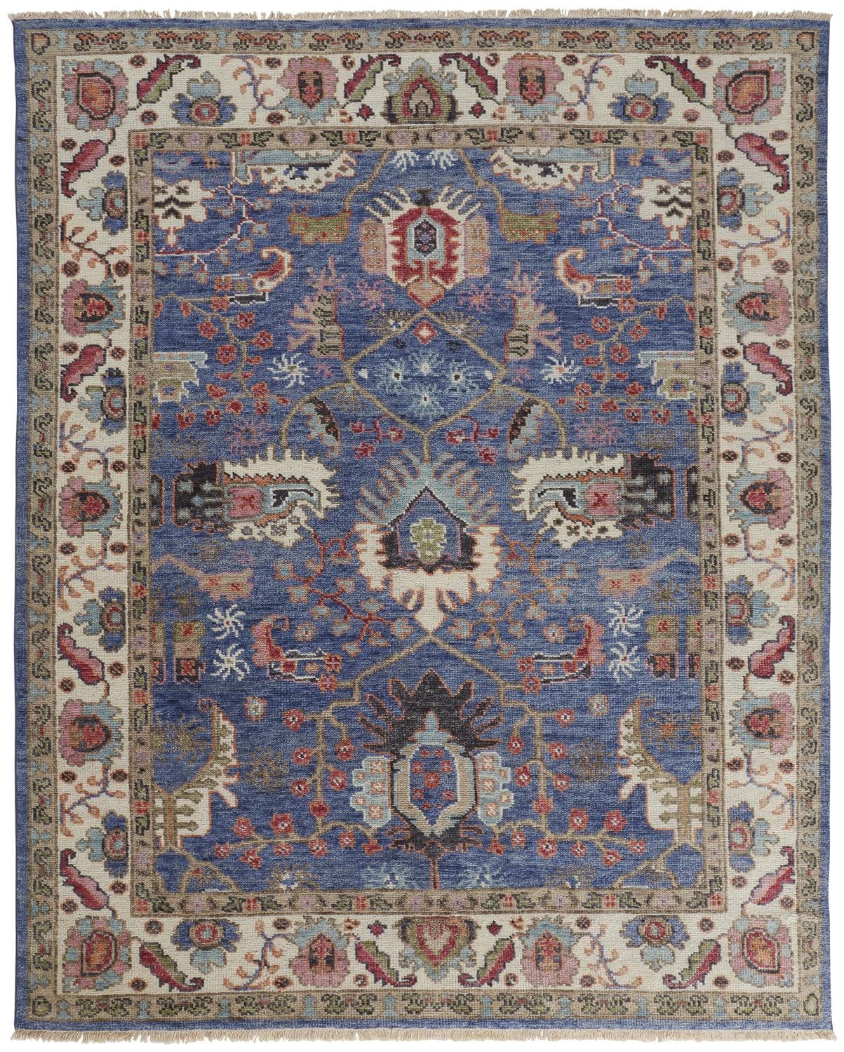4' X 6' Blue And Red Wool Floral Hand Knotted Stain Resistant Area Rug
