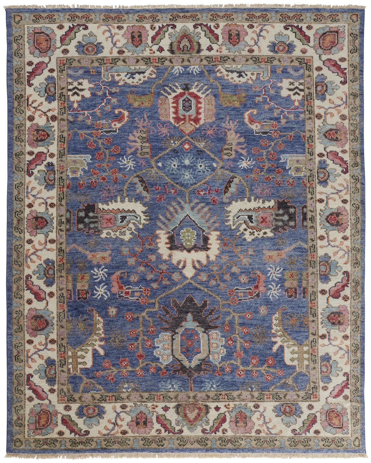 4' X 6' Blue And Red Wool Floral Hand Knotted Stain Resistant Area Rug