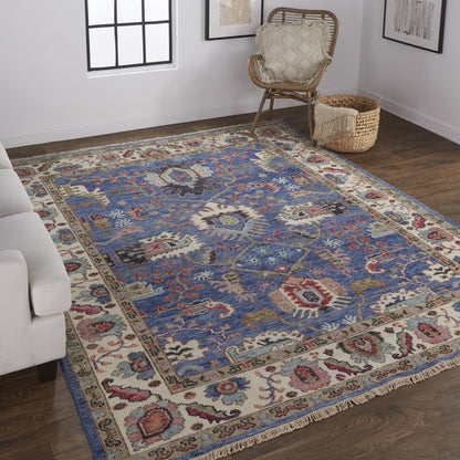 4' X 6' Blue And Red Wool Floral Hand Knotted Stain Resistant Area Rug