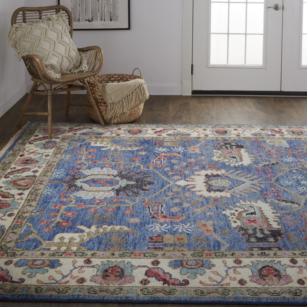 4' X 6' Blue And Red Wool Floral Hand Knotted Stain Resistant Area Rug