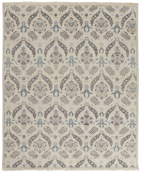 4' X 6' Ivory Gray And Blue Wool Floral Hand Knotted Stain Resistant Area Rug