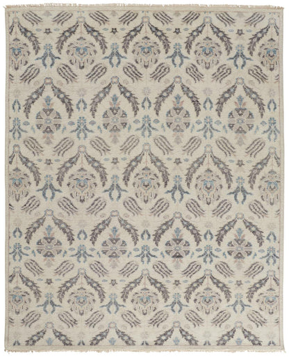 4' X 6' Ivory Gray And Blue Wool Floral Hand Knotted Stain Resistant Area Rug