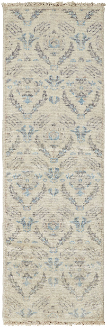 4' X 6' Ivory Gray And Blue Wool Floral Hand Knotted Stain Resistant Area Rug