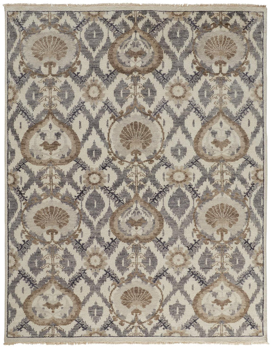 4' X 6' Ivory Gray And Taupe Wool Floral Hand Knotted Stain Resistant Area Rug