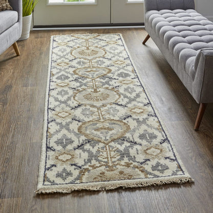 4' X 6' Ivory Gray And Taupe Wool Floral Hand Knotted Stain Resistant Area Rug