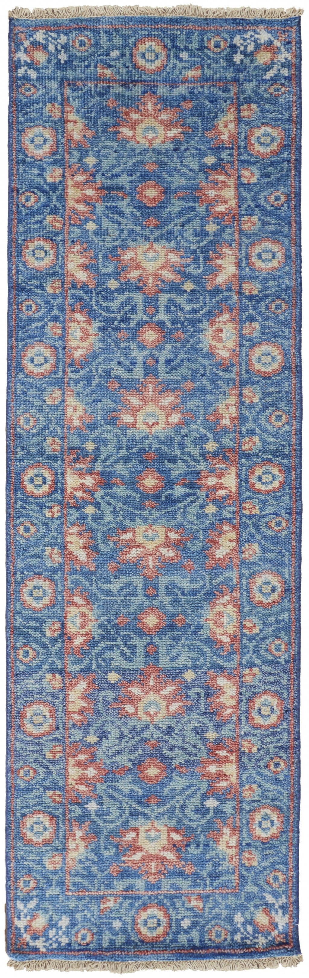 4' X 6' Blue And Red Wool Floral Hand Knotted Stain Resistant Area Rug