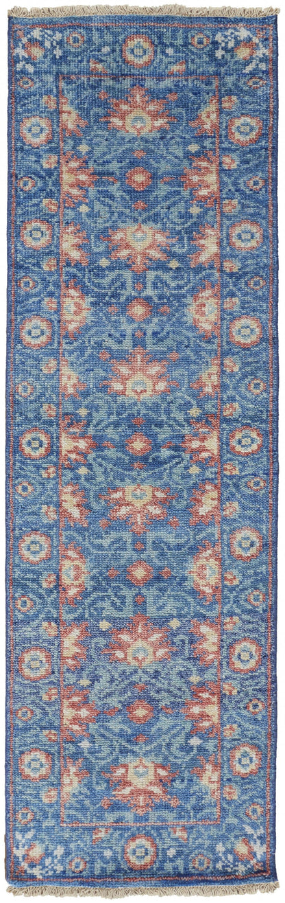 4' X 6' Blue And Red Wool Floral Hand Knotted Stain Resistant Area Rug
