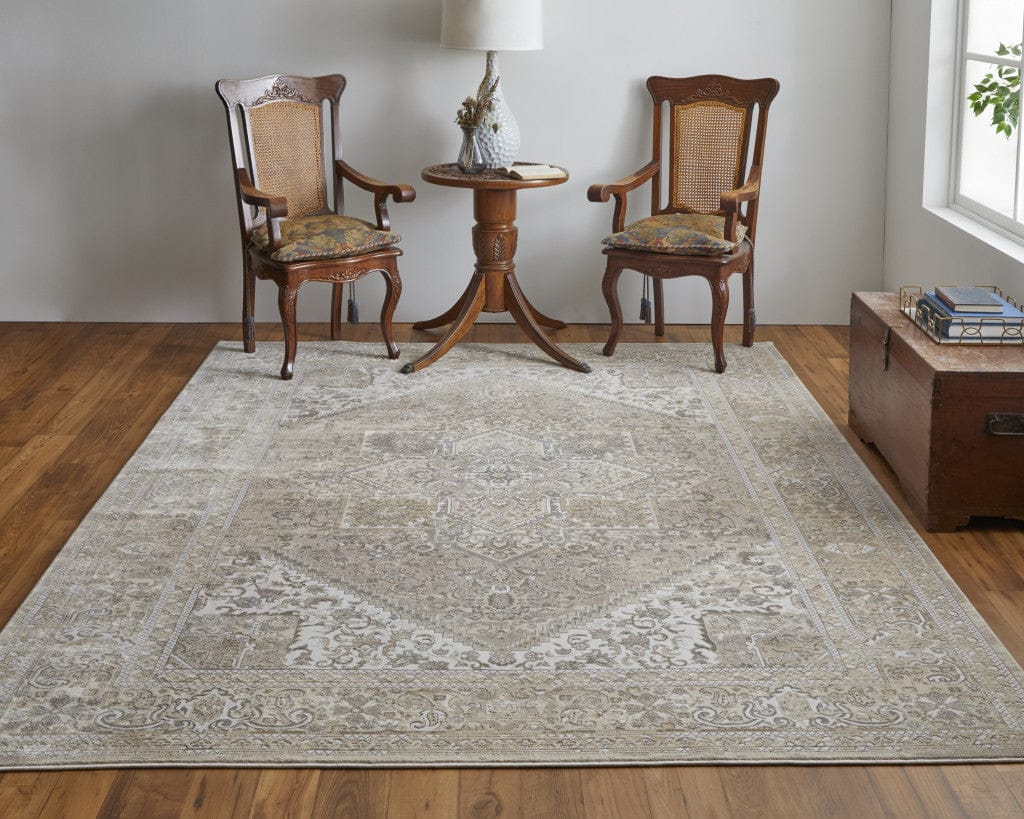 4' X 6' Brown Ivory And Tan Floral Power Loom Distressed Area Rug
