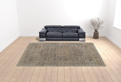 4' X 6' Brown Ivory And Tan Floral Power Loom Distressed Area Rug