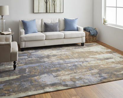4' X 6' Blue Gray And Tan Abstract Power Loom Distressed Area Rug