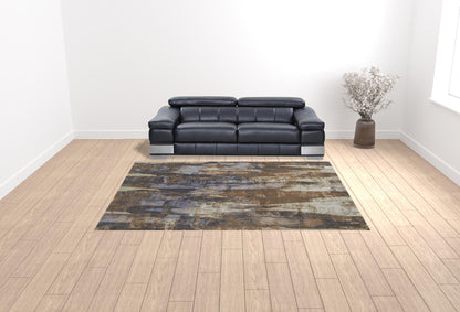 4' X 6' Blue Gray And Tan Abstract Power Loom Distressed Area Rug