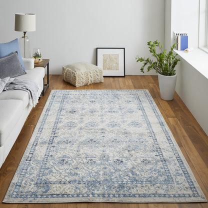 4' X 6' Blue And Ivory Geometric Power Loom Distressed Area Rug