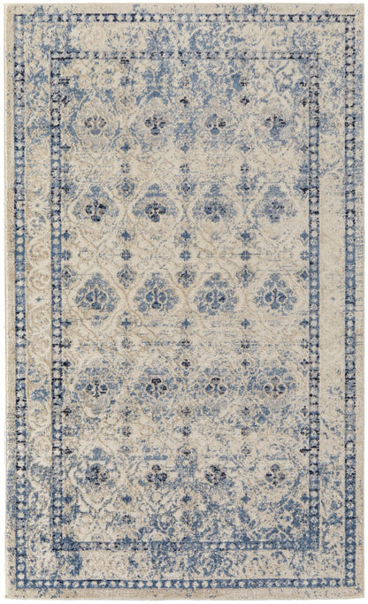4' X 6' Blue And Ivory Geometric Power Loom Distressed Area Rug