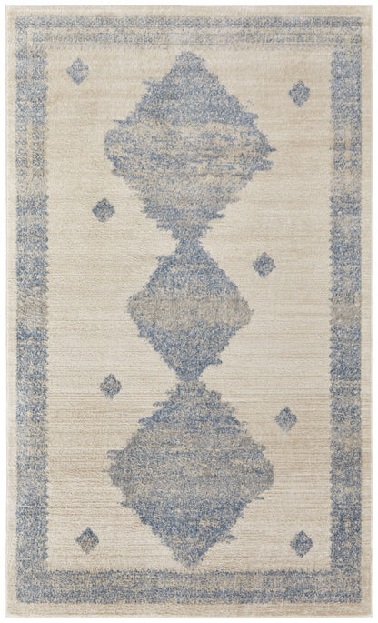 4' X 6' Blue And Ivory Geometric Power Loom Distressed Area Rug