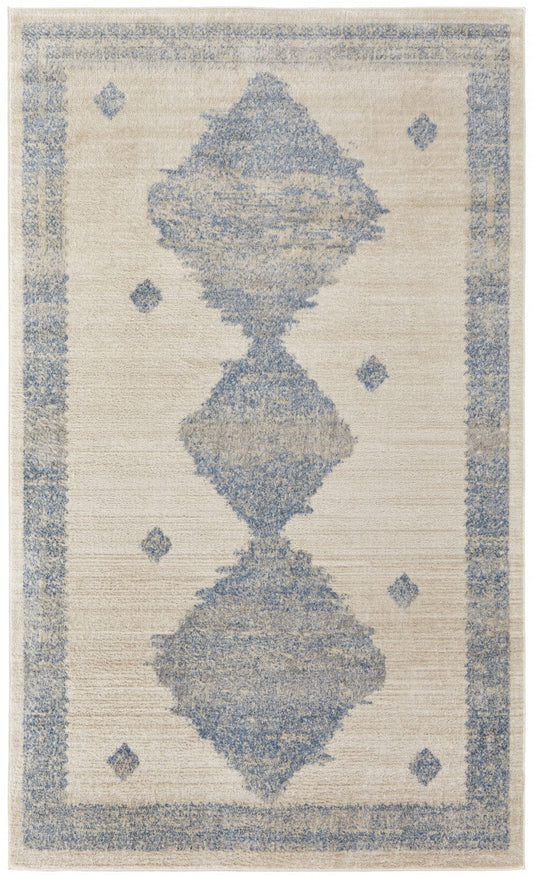4' X 6' Blue And Ivory Geometric Power Loom Distressed Area Rug