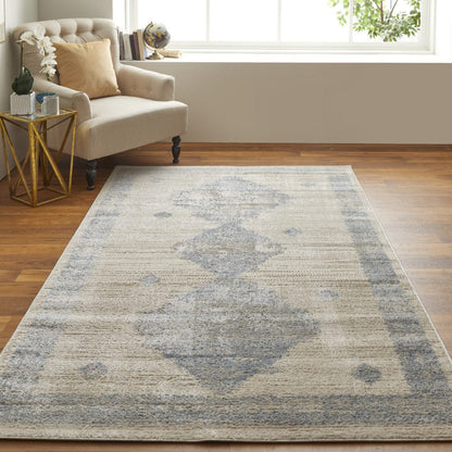 4' X 6' Blue And Ivory Geometric Power Loom Distressed Area Rug