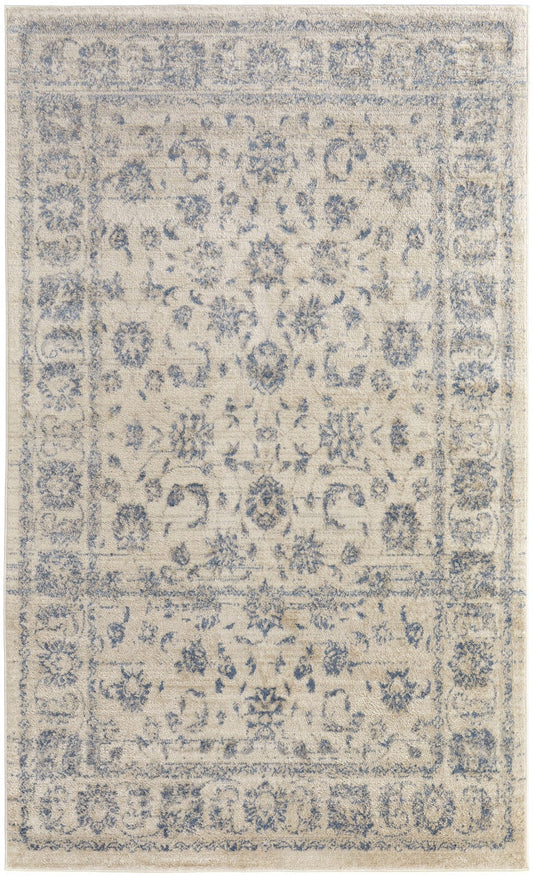 4' X 6' Ivory And Blue Abstract Power Loom Distressed Area Rug