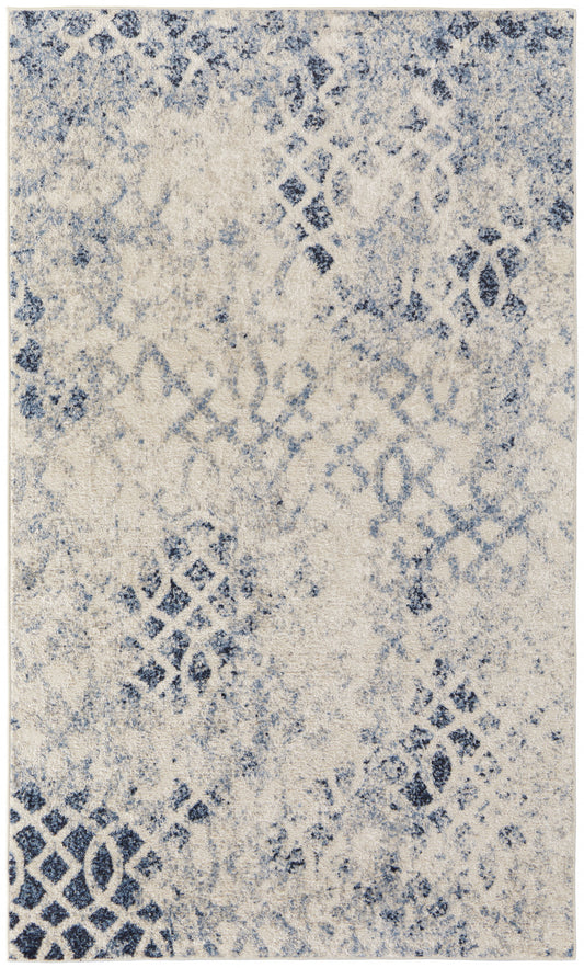 4' X 6' Ivory And Blue Abstract Power Loom Distressed Area Rug