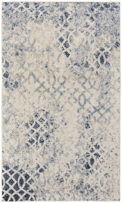 4' X 6' Ivory And Blue Abstract Power Loom Distressed Area Rug