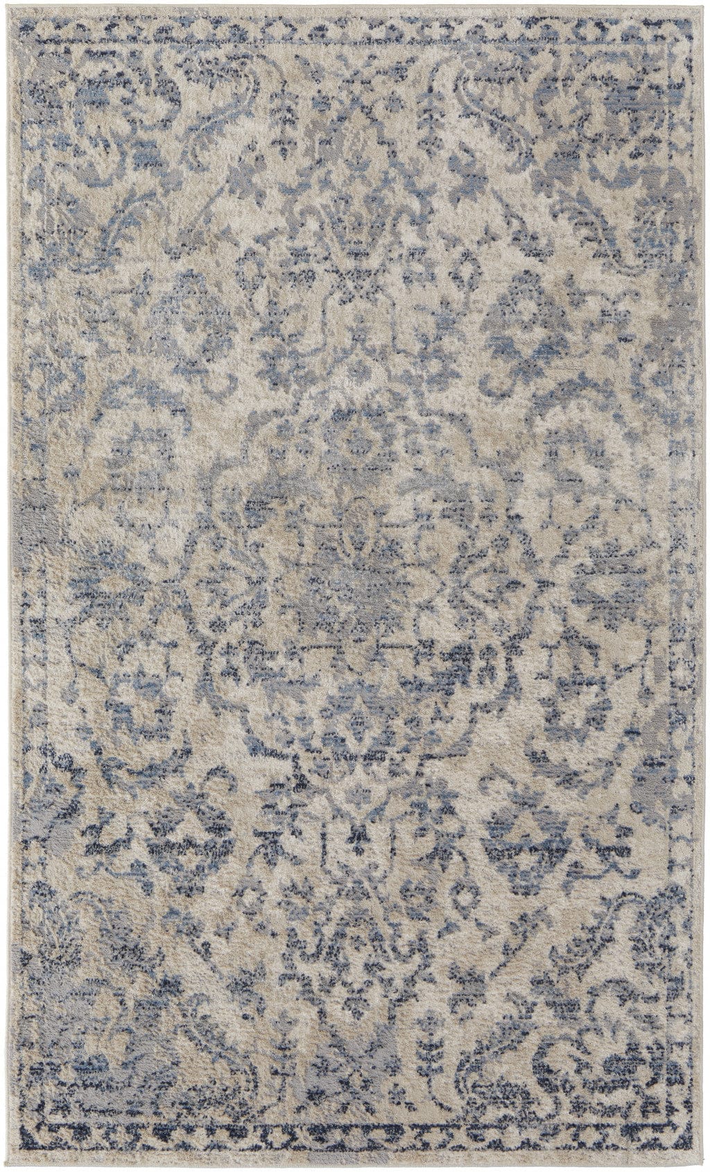 4' X 6' Blue Gray And Ivory Floral Power Loom Distressed Area Rug