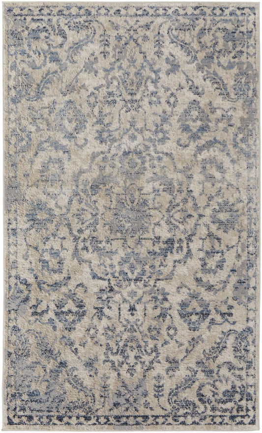 4' X 6' Blue Gray And Ivory Floral Power Loom Distressed Area Rug