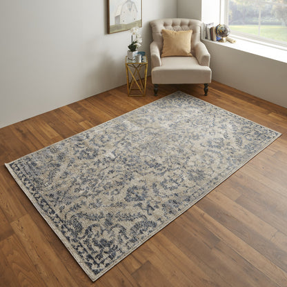 4' X 6' Blue Gray And Ivory Floral Power Loom Distressed Area Rug