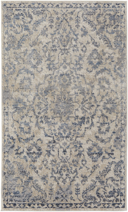 4' X 6' Blue Gray And Ivory Floral Power Loom Distressed Area Rug