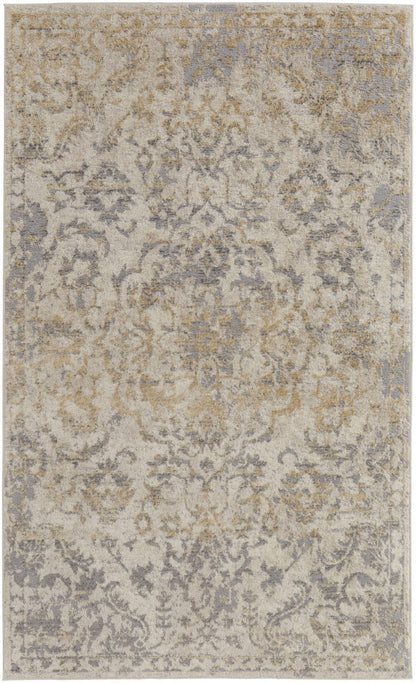 4' X 6' Blue Gray And Ivory Floral Power Loom Distressed Area Rug